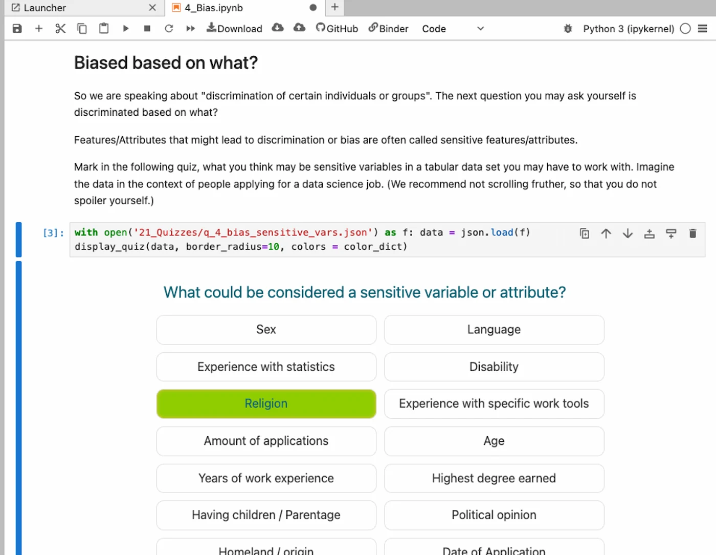 Jupyter Quiz example